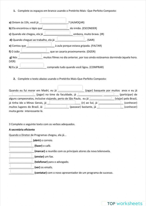 Pretérito mais que perfeito composto indicativo. Ficha interativa ...