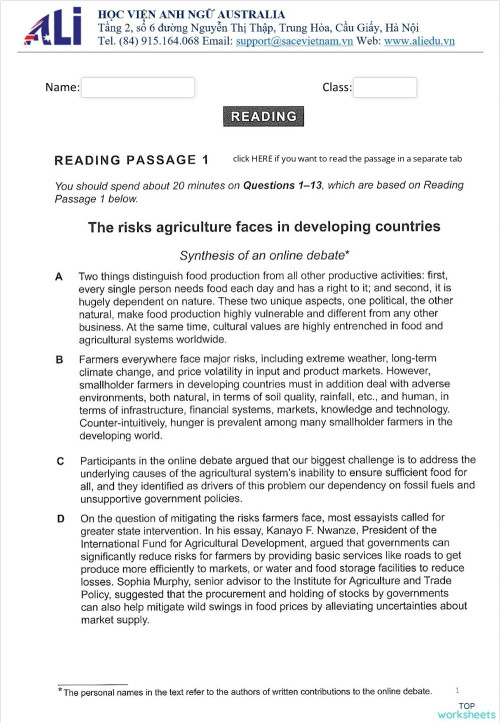 IELTS Prep_Reading Test 18. Bài tập tương tác | TopWorksheets