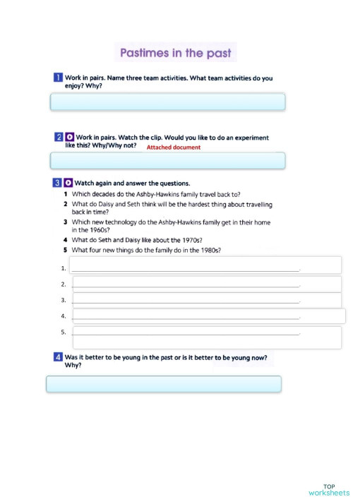 Pastimes in the past. Interactive worksheet TopWorksheets