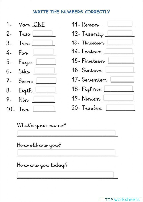 Numbers 1 to 20. Correct the mistakes.. Interactive worksheet ...