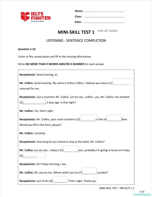 PRE - MINI TEST 1. Bài tập tương tác | TopWorksheets