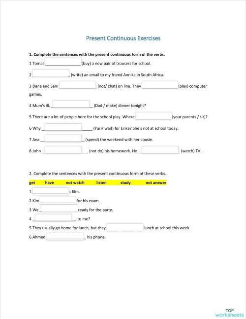 Present Continuous Exercises. Interactive worksheet | TopWorksheets