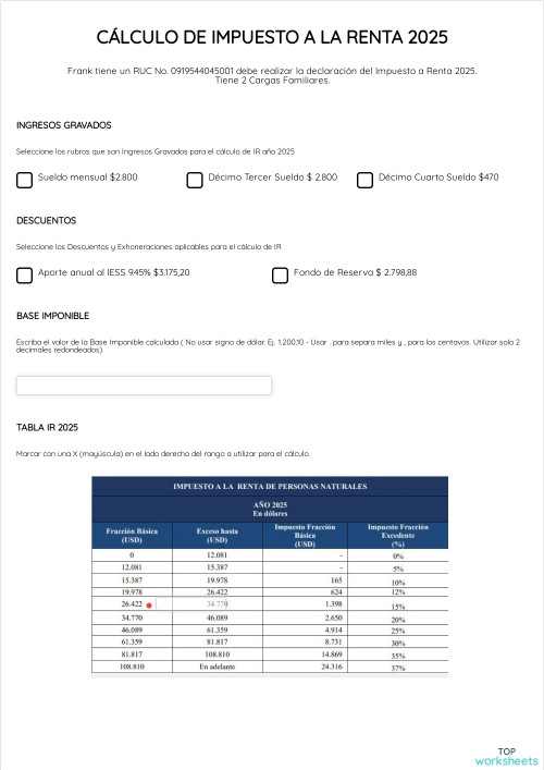 CÁLCULO DE IMPUESTO A LA RENTA 2025. Ficha interactiva | TopWorksheets