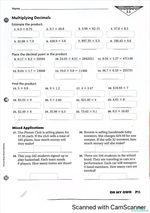 Lesson 3.3 Multiplying Decimals (6th). Interactive worksheet ...