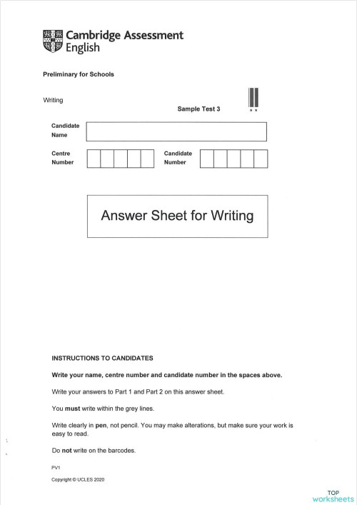 B1 Answer sheet Test 2 WRITING. Interactive worksheet | TopWorksheets
