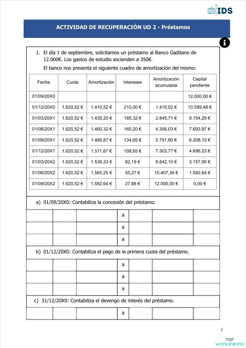 Act UD 2 Prestamos - Recup CYF. Ficha interactiva | TopWorksheets