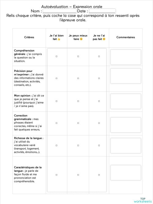 Fiche Autoévaluation Expression Orale 1. Fiche interactive | TopWorksheets
