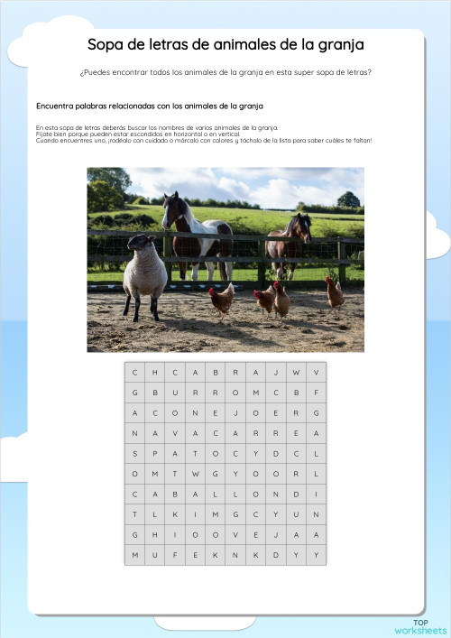 Sopa de letras de animales de la granja. Ficha interactiva | TopWorksheets