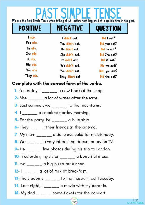 Affirmative, negative and interrogative sentence in PAST SIMPLE TENSE ...