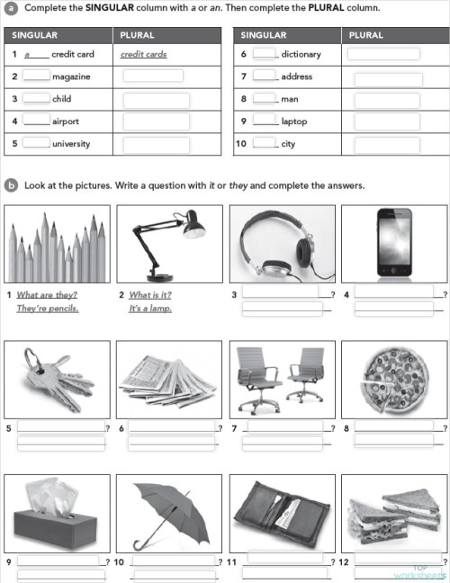OBJECTS IN SINGULAR AND PLURAL - A1. Interactive worksheet | TopWorksheets