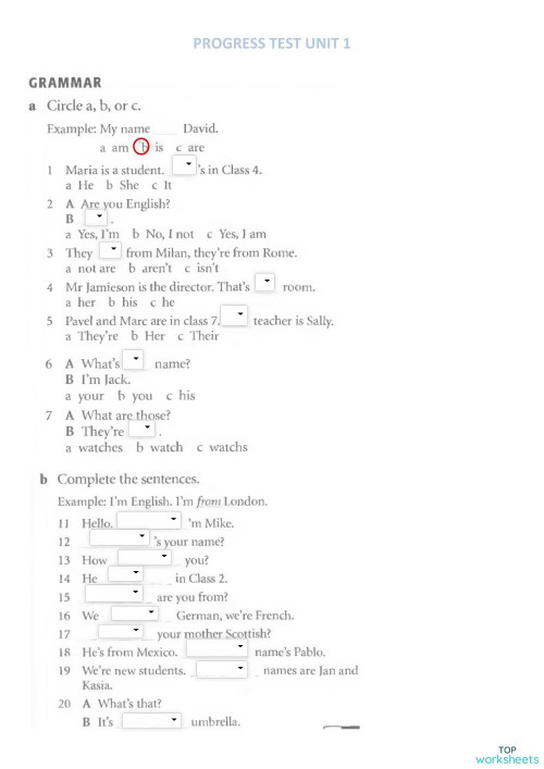 PROGRESS TEST UNIT 1 - 3ro. Interactive worksheet | TopWorksheets