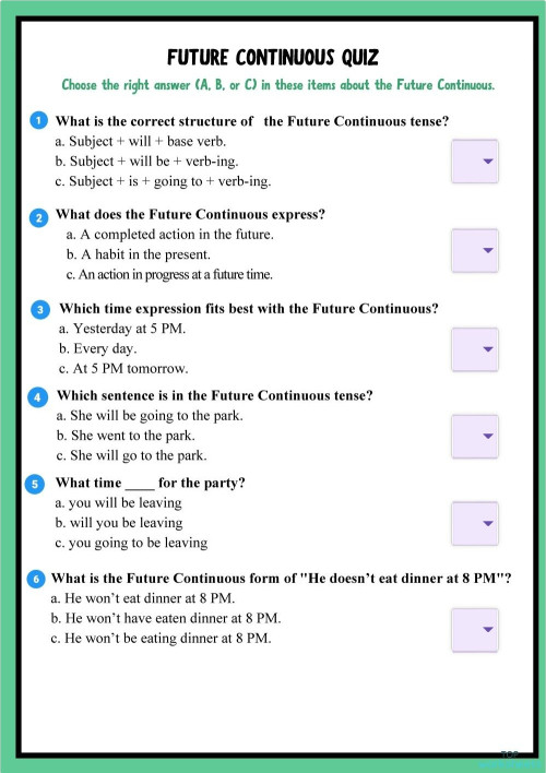 Future Continuous Quiz. Interactive worksheet | TopWorksheets