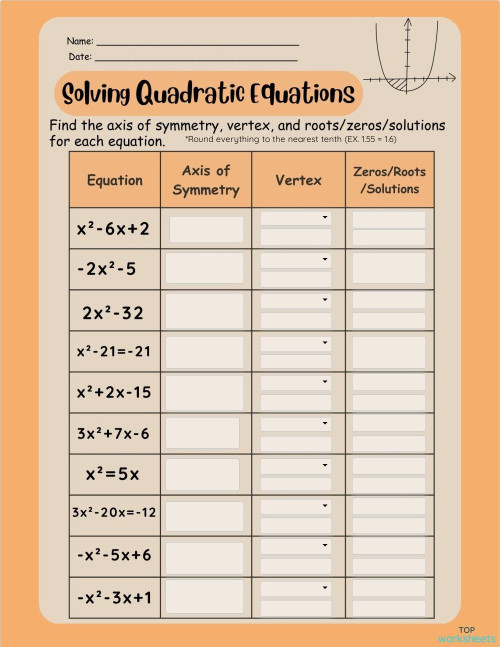 Solving Quadratic Equations. Interactive worksheet | TopWorksheets