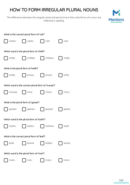 HOW TO FORM IRREGULAR PLURAL NOUNS. Interactive worksheet TopWorksheets