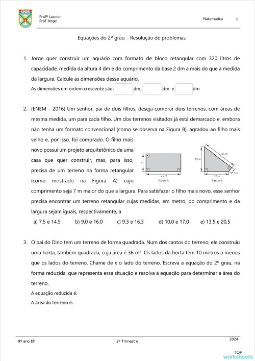 Equação do 2º grau - Problemas. Ficha interativa | TopWorksheets