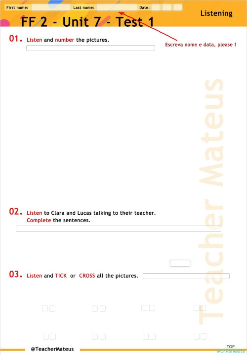 FF 2 - Unit 07 - Test 1 - Listening. Interactive worksheet | TopWorksheets