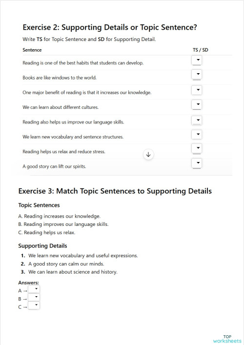 Identify Topic Sentence and Supporting Details. Interactive worksheet ...