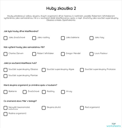 Huby zkouška 2. Interaktivní pracovní list | TopWorksheets