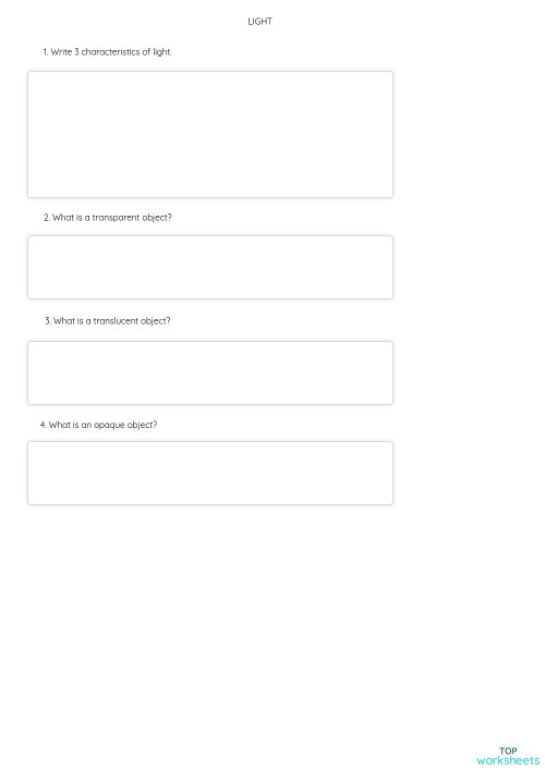 LIGHT DEFINITION 4th. Interactive worksheet TopWorksheets