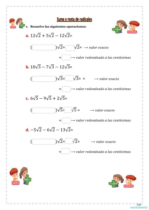 Suma Y Resta De Radicales Ficha Interactiva Topworksheets