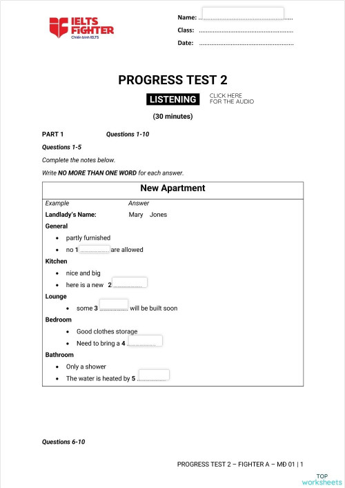 PROGRESS TEST 2 - LISTENING - FIGHTER A. Interactive worksheet ...