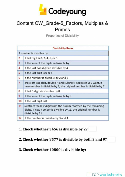 ContentCWProperties of Divisibility. Interactive worksheet