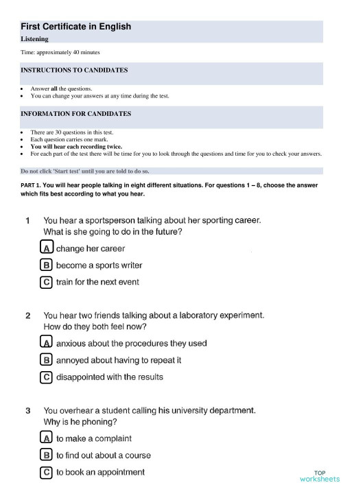 FCE TEST 4 - Listening. Interactive worksheet | TopWorksheets