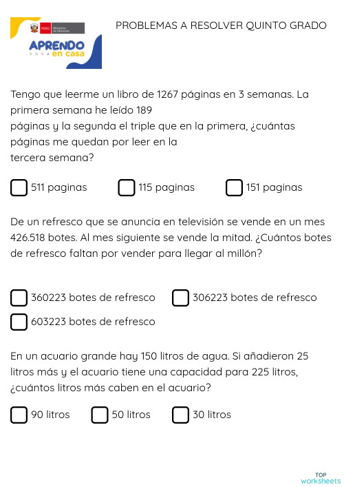 PROBLEMAS A RESOLVER QUINTO GRADO. Ficha interactiva | TopWorksheets