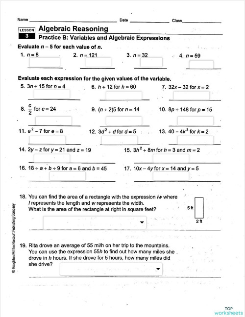 lesson 3 homework practice algebra variables and expressions