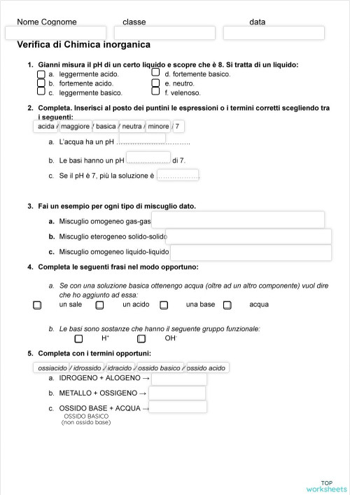 VERIFICA CHIMICA INORGANICA. Scheda interattiva | TopWorksheets