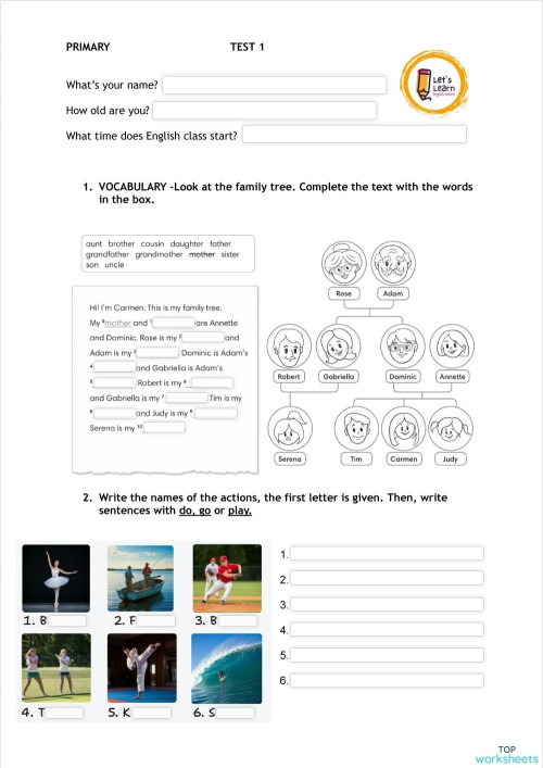 Primary- Test 1. Interactive worksheet | TopWorksheets