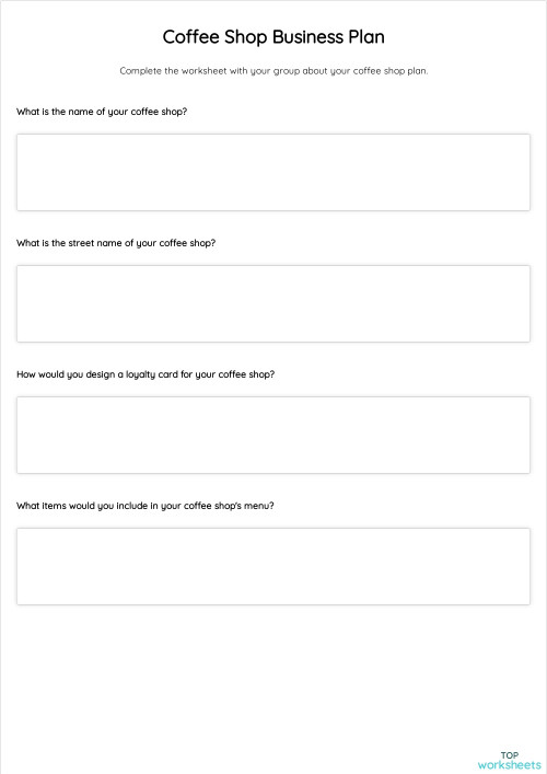 Coffee Shop Business Plan. Interactive worksheet TopWorksheets