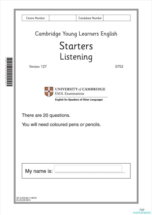 Starters Sample Paper 127 2010 Listening Interactive Worksheet