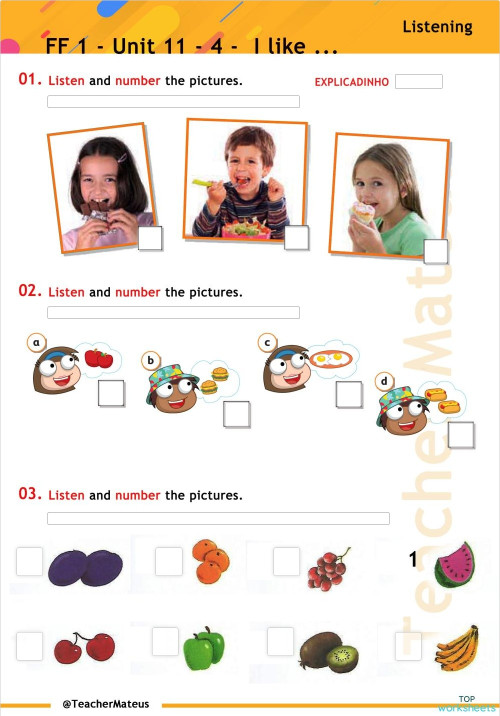 017 - Unit 11 - 4 - I like - Listening. Interactive worksheet ...