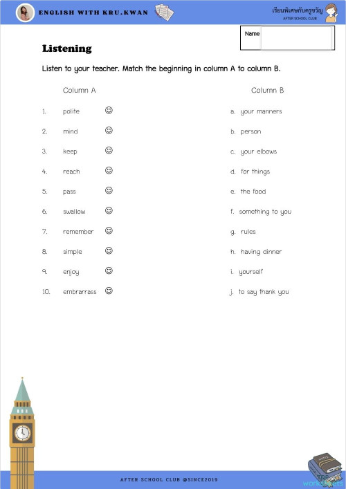Reading : Mind your manners ใบงานเชิงโต้ตอบ | TopWorksheets
