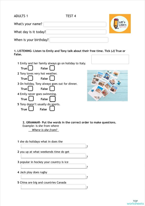 Adults 1 test 4. Interactive worksheet | TopWorksheets