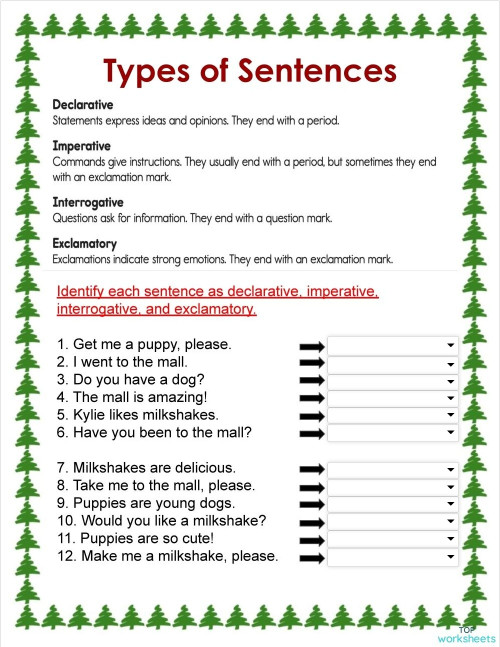 Types of Sentences Dropdown. Interactive worksheet TopWorksheets