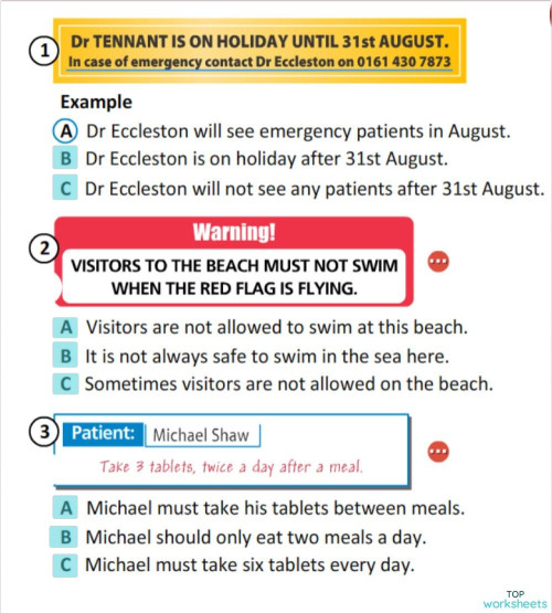 Reading Comprehension Three-option multiple choice (signs and messages ...