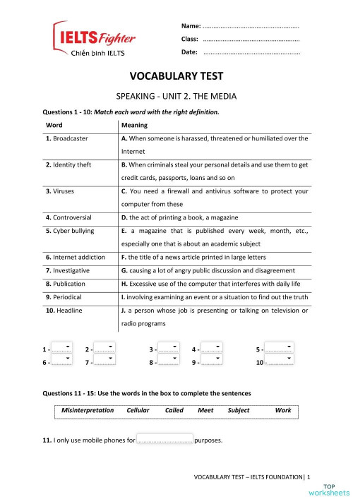 Vocabulary 7. Interactive worksheet | TopWorksheets