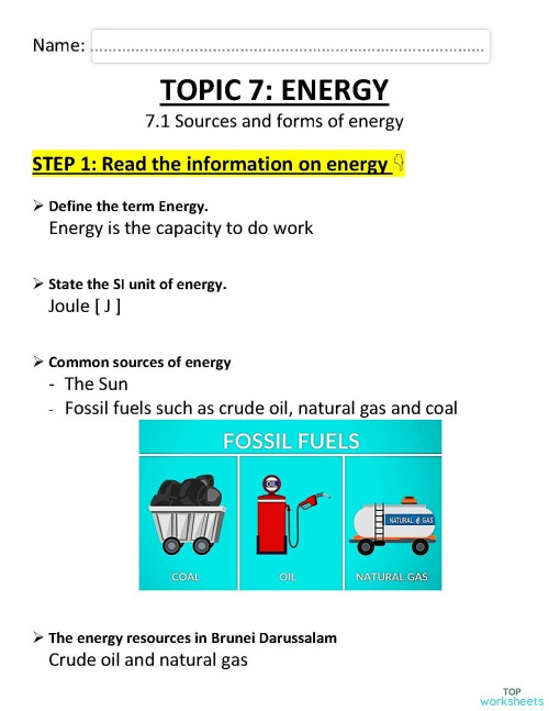 7.1 Sources and forms of energy. Interactive worksheet | TopWorksheets
