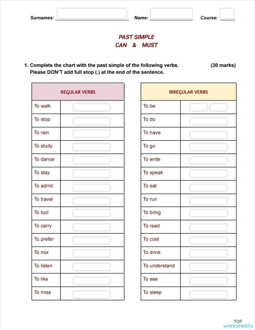 1º NCA - Past simple & Can Must EXAM. Interactive worksheet | TopWorksheets