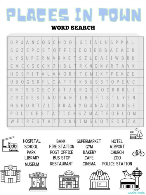 WORD SEARCH (PLACES IN TOWN). Interactive worksheet | TopWorksheets