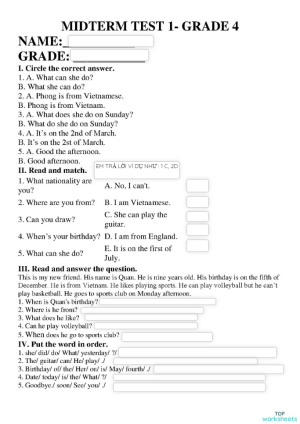 MIDTERM TEST 1- GRADE 4. Interactive worksheet | TopWorksheets