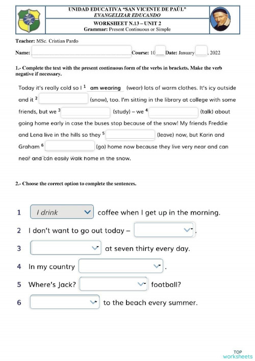 10A - UNIT 2 - Present Simple or Continuous. Interactive worksheet ...