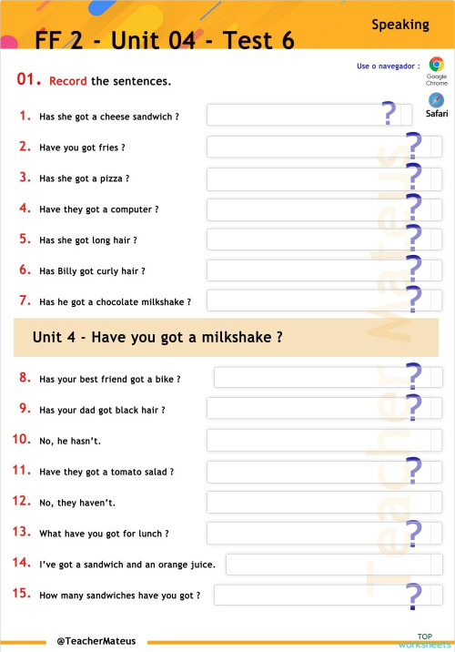 FF 2 - Unit 04 - Test 6 - Speaking. Interactive worksheet | TopWorksheets