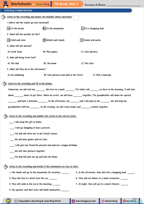 7th Grade Unit 7 Listening Comprehension Interactive Worksheet