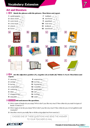 art and literature vocabulary extension interactive worksheet