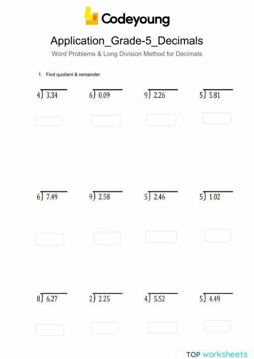 Application word problems long division method for decimals
