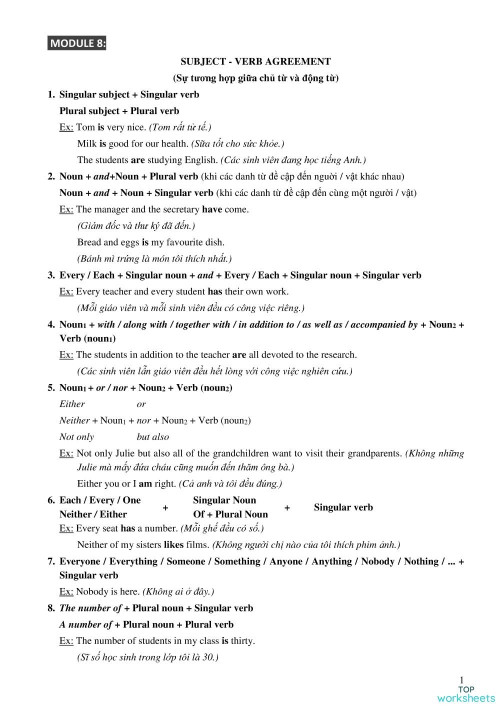 GRADE 9 - SUBJECT AND VERB AGREEMENT. Interactive worksheet | TopWorksheets