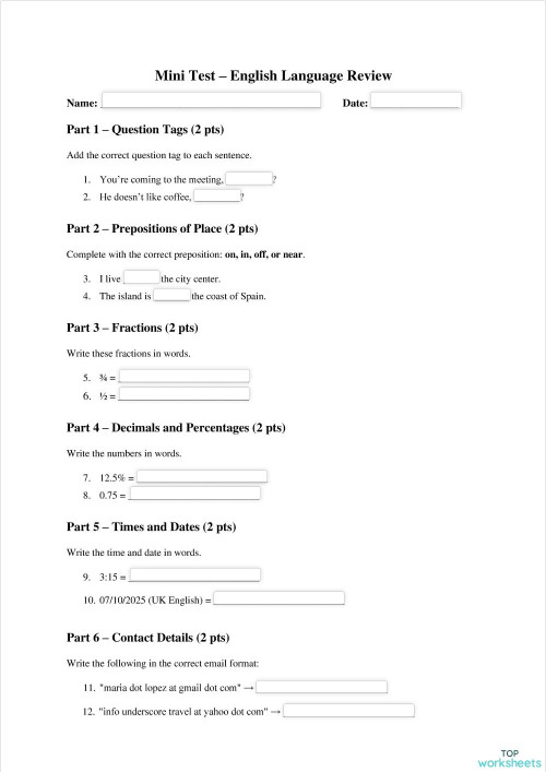 Conversation Class - Mini Test. Interactive worksheet | TopWorksheets